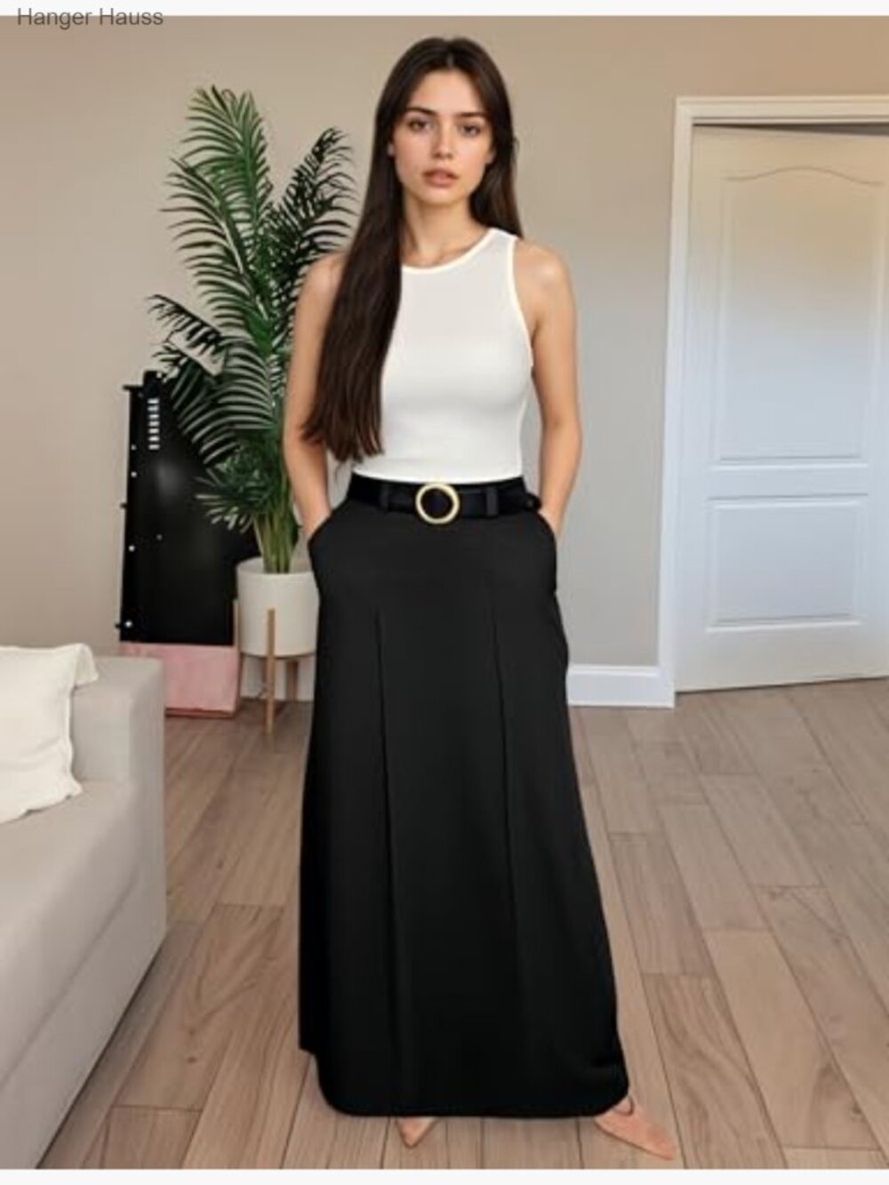 High Waist Maxi Skirt with Pockets, H-Line Straight Pencil Skirt Floor Length - Picture 5 of 7